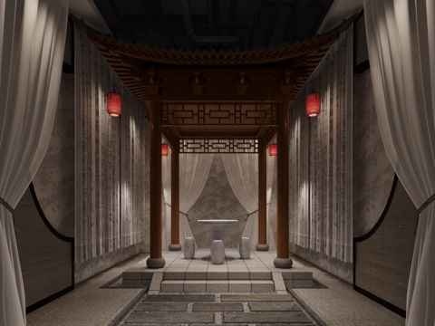  剧本杀店铺新中式凉亭空间3d模型 