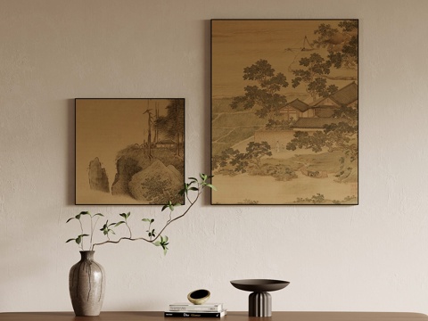  装饰画 宋式挂画 装饰画 绿植摆件su模型 