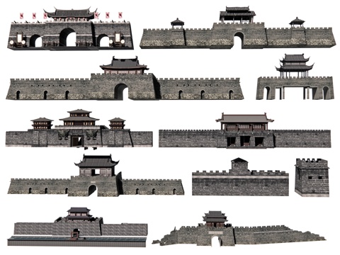  中式城门楼子 古城门 古城墙 古建筑城楼 长城 古代城墙3d模型 