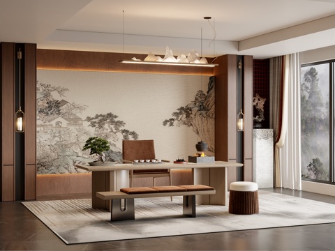  新中式茶室su模型 