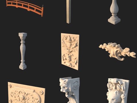  古代古典石柱浮雕石雕护栏栏杆3d模型 
