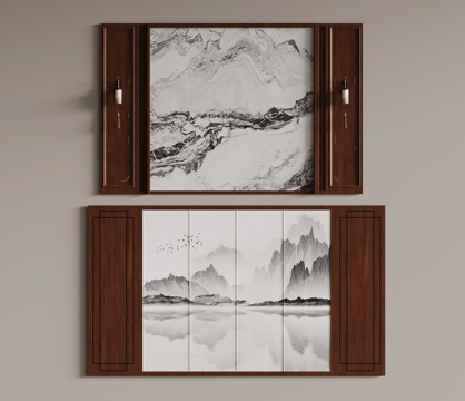  新中式电视背景墙 沙发背景墙su模型 