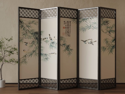  新中式屏风隔断 绿植3d模型 