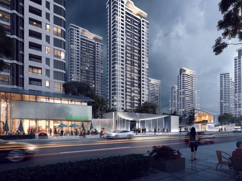  现代售楼处  会所沿街夜景3d模型 