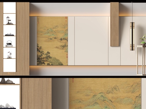  中古风背景墙 新中式背景墙3d模型 