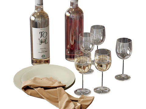  现代酒具摆件 红酒 酒杯 盘子 洋酒su模型 