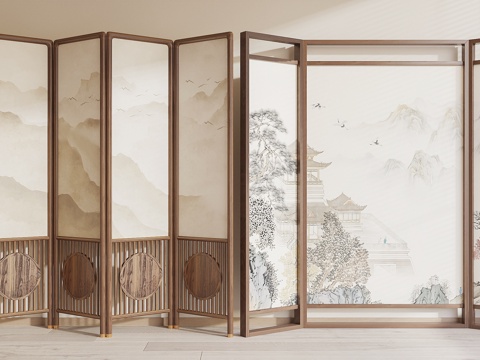  新中式屏风su模型 