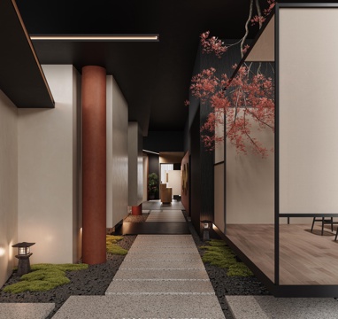  中式禅意走廊 会所走廊 餐厅走廊 酒店走廊3d模型 