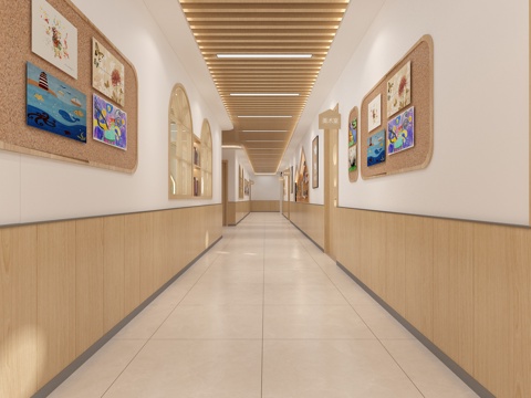  现代风格幼儿园培训室走廊过道3d模型 