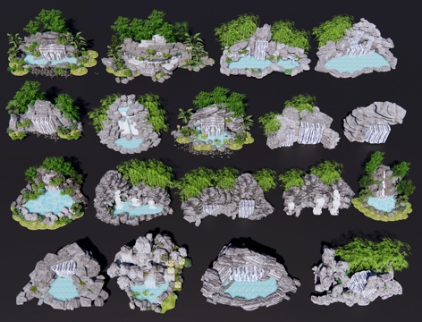  中式假山流水 假山叠水 假山石头 特色跌水水景 庭院叠水瀑布3d模型 
