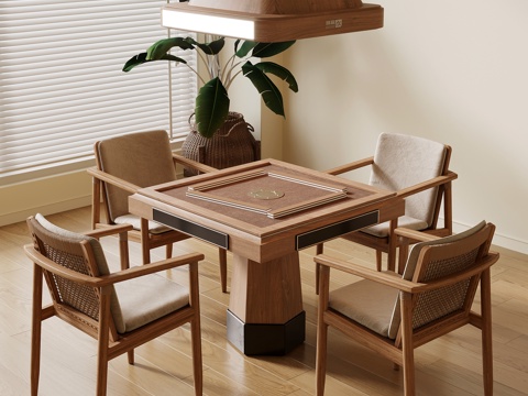  麻将桌 中古风麻将桌 棋牌桌椅 绿植盆栽su模型 
