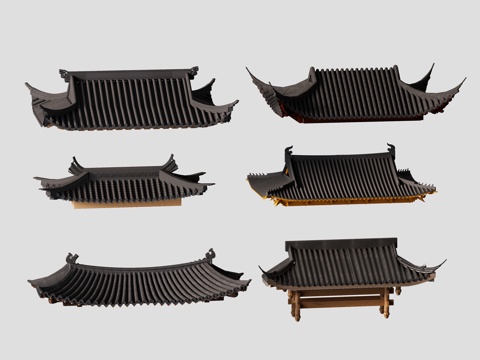  新中式中式屋檐 屋顶 飞脊檐线 瓦片 房檐房脊 建筑构件 古3d模型 