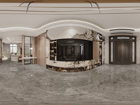  现代轻奢别墅客餐厅全景3d模型 