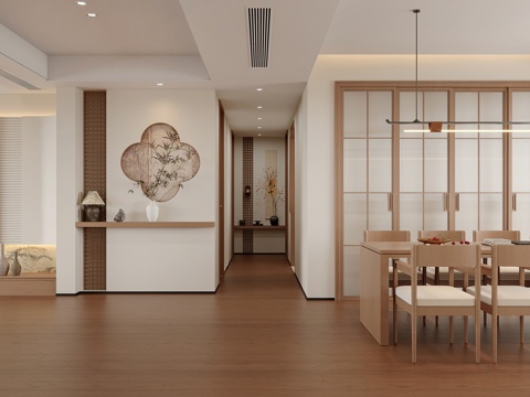  新中式玄关 过道 新中式餐厅 宋式餐厅 对景墙 端景 原木风3d模型 