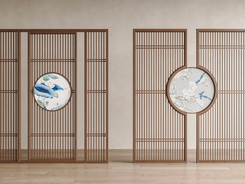  新中式隔断 新中式屏风 实木隔断 屏风隔断 花鸟屏风 山水屏su模型 