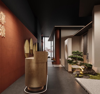  新中式中式酒店大堂 接待前台 会所餐厅3d模型 