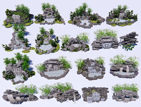  中式假山叠水 假山石头 假山流水 特色跌水水景 庭院叠水瀑布3d模型 