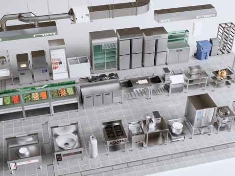  厨房用品组合 后厨设备 冷藏操作台 抽 消毒柜 冰箱 冷藏柜3d模型 