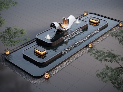  现代水景观 庭院水景 水钵叠水 跌水su模型 