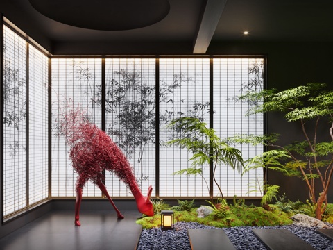  新中式景观造景 室内景观 苔藓植物 景观石su模型 