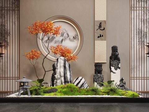  新中式景观造景 室内景观 苔藓植物 景观石3d模型 