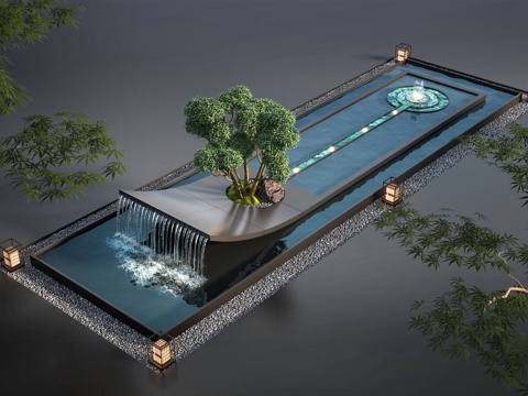  现代水景观 庭院水景 水钵叠水 跌水su模型 