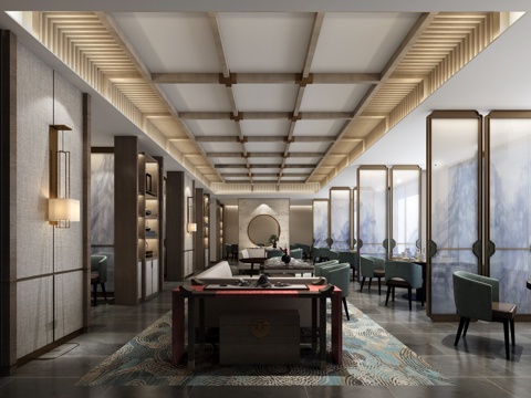  新中式酒店餐厅 餐桌椅 壁灯3d模型 