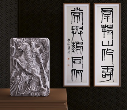  现代新中式盘龙骑马关公浮雕雕塑摆件3d模型 