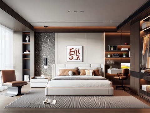  现代意式卧室 衣柜 书桌台 懒人沙发 双人床 装饰画3d模型 