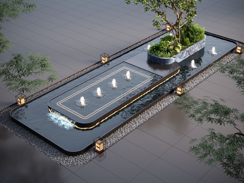  现代水景观 庭院水景 水钵叠水 跌水3d模型 