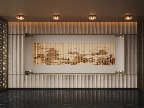  新中式大厅 装饰画 立体墙饰su模型 