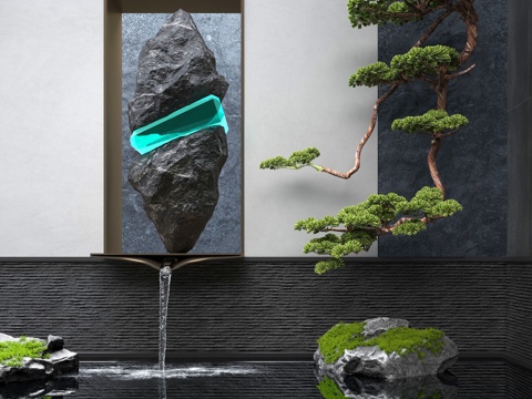  新中式室内水景观 流水 景观石 倒挂松树3d模型 