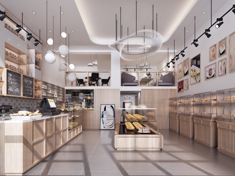  现代简约面包店 吊灯 货架3d模型 