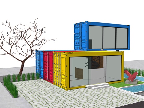  集装箱建筑 集装箱休息驿站 临时建筑su模型 