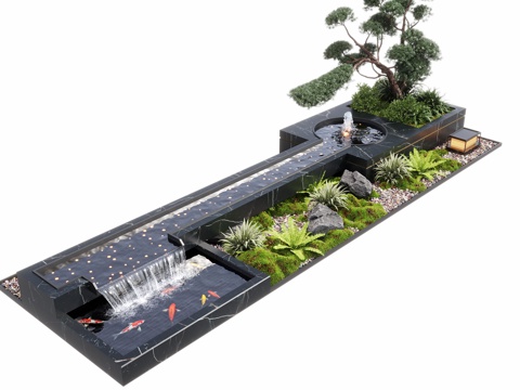  现代水景观 庭院水景 水钵叠水 跌水3d模型 