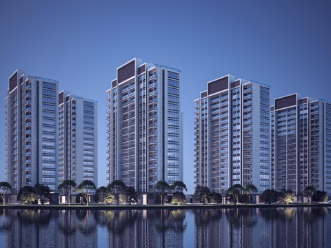  现代住宅 高层住宅 沿河住宅透视 夜景住宅3d模型 