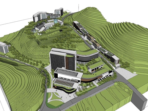  县中医院+酒店商业街 山地现代 模型su模型 