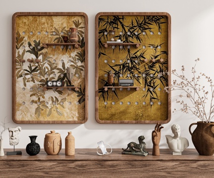 现代复古侘寂中古风新中式禅意挂画墙饰装饰画组合陈设品绿植3d模型 