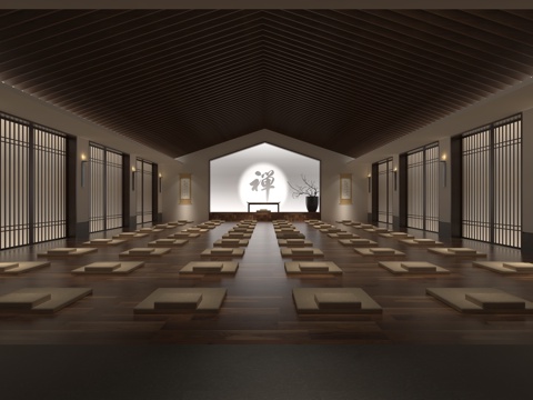  新中式禅修寺院3d模型 