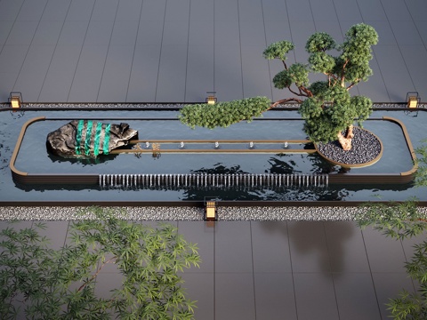  现代水景观 庭院水景 水钵叠水 跌水su模型 