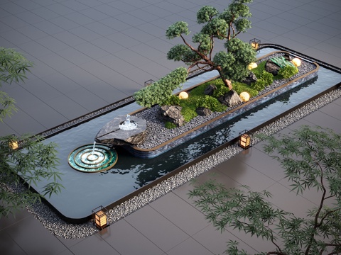  现代水景观 庭院水景 水钵叠水 跌水su模型 