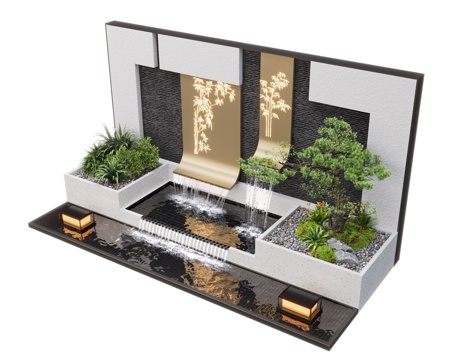  现代庭院水景 水景墙 叠水 景观植物 景观小品 鱼池su模型 