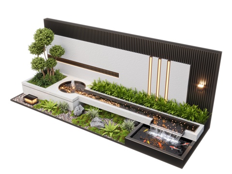  现代庭院水景 水景墙 叠水 景观植物 景观小品 鱼池3d模型 