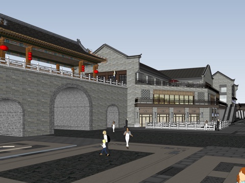  中式商业街 仿古街 步行街 网红街区 民宿建筑su模型 