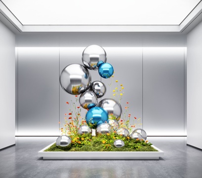  现代室内景观造景 苔藓景观 苔藓造景 金属装置雕塑su模型 