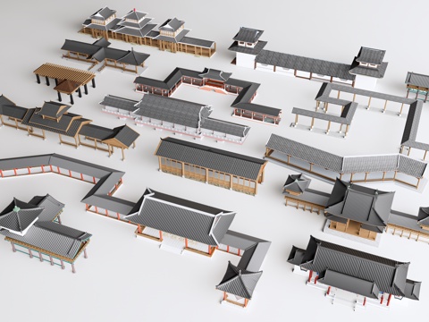  中式仿古长廊 廊架 连廊3d模型 