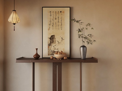  新中式条案 端景柜 吊灯 装饰画 饰品su模型 