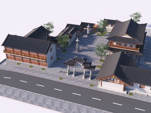  中式古建 寺庙 中式广场入口 古镇古街su模型 