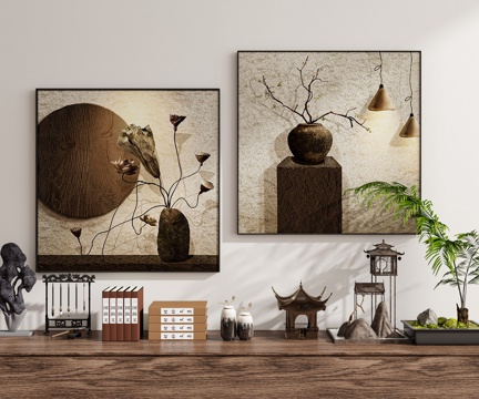  现代新中式禅意中古风侘寂风挂画墙饰装饰画组合陈设品绿植3d模型 