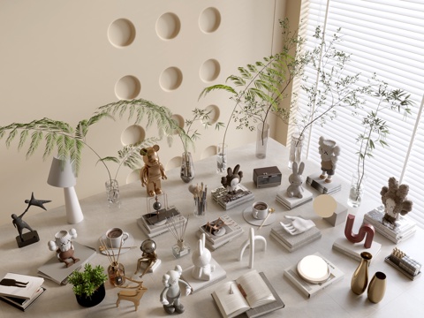  现代摆件组合 花瓶 植物 书本 雕塑 摆件3d模型 